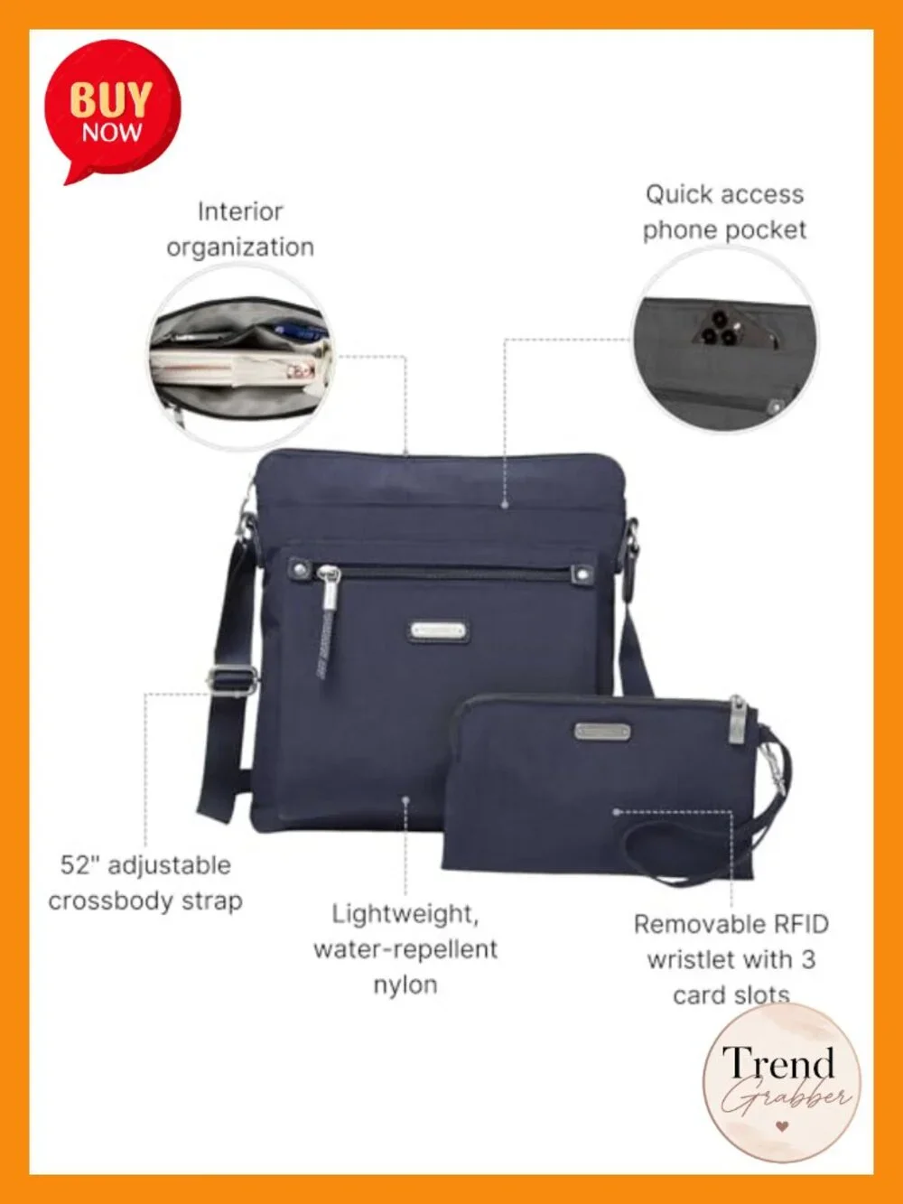 Removable RFID Wristlet Crossbody Bag with Water-Resistant Nylon